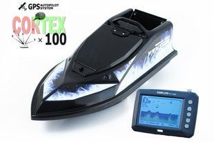 Кораблик для прикормки Фантом Модерн з ехолотом Toslon300 та GPS автопілотом (Maxi Cortex) Чорний з блакитними