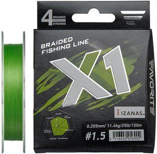 Шнур Favorite X1 PE 4x 150m (l.green) #1.5/0.205mm 25lb/11.4kg